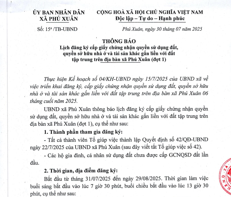 Thông báo lịch đăng ký cấp giấy quyền sử dụng đất, quyền sở hữu nhà ở và tài sản khác gắn liền với đất tập trung trên địa bàn xã Phú Xuân (đợt 1)